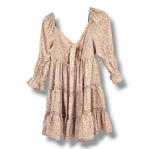 Lush Floral Print‎ Mini Dress Long Sleeve Ruffle Tiered Pink Size M - Picture 2 of 9